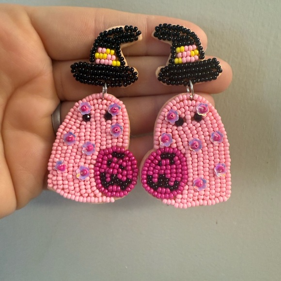 Beaded Halloween Ghost Earrings – Pink Ghost with Witch Hat - Picture 1 of 5